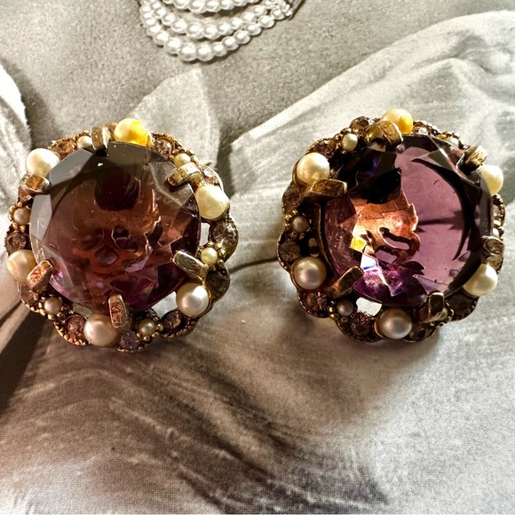 ARTHUR PEPPER ‘ART’ Amethyst Glass Clip On Earrings 1960s Vintage - Picture 6 of 11